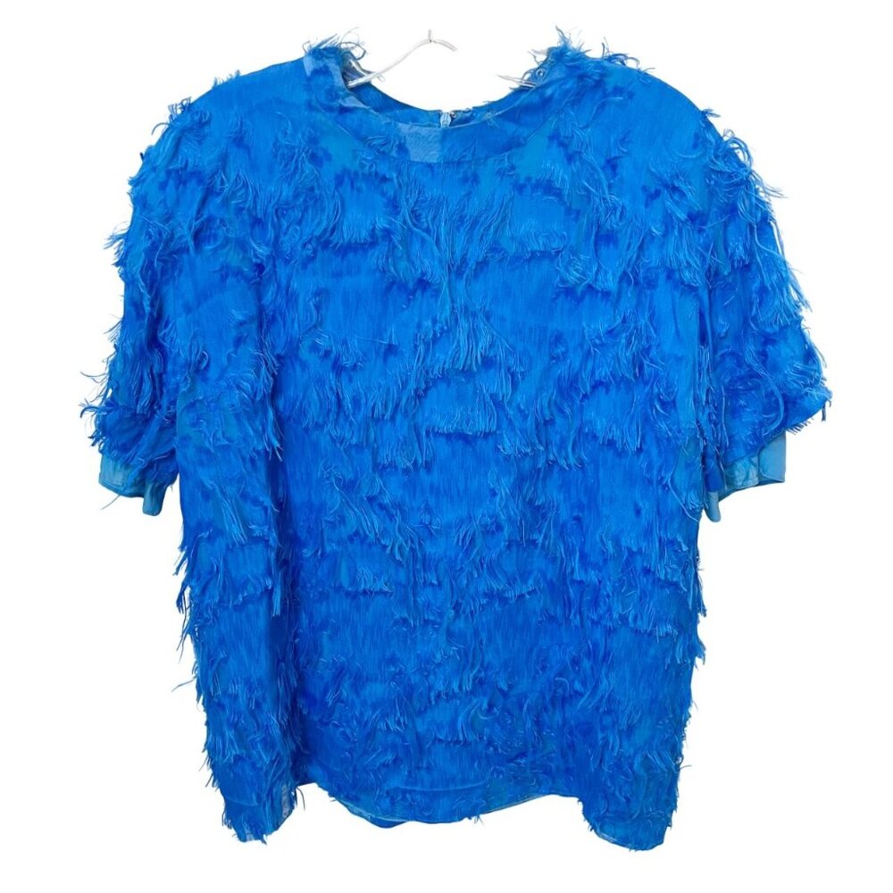 Carven Blue Feather‎ Artsy Short Sleeve Blouse Boxy Fit Art to Wear - Size Small